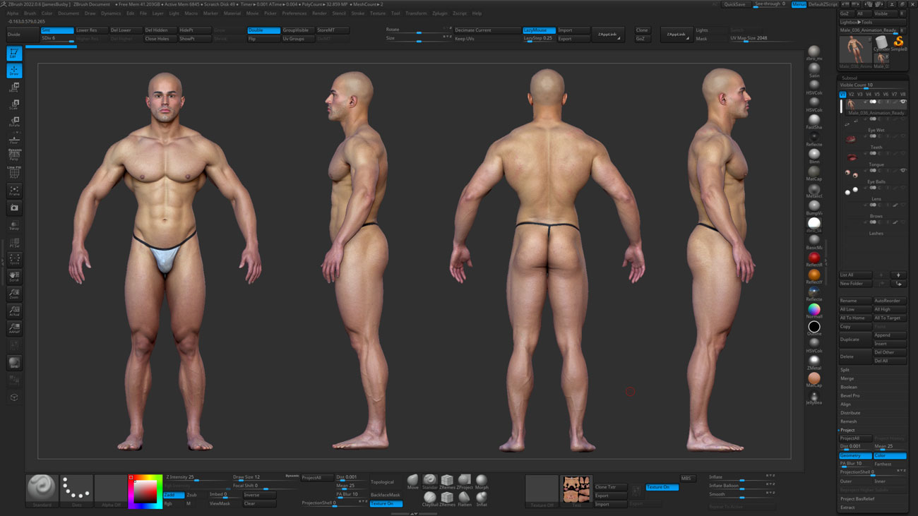 ZBrush ZTool render of a heavy-set male 3D body scan at high subdivision showing sculpt-ready surface detail